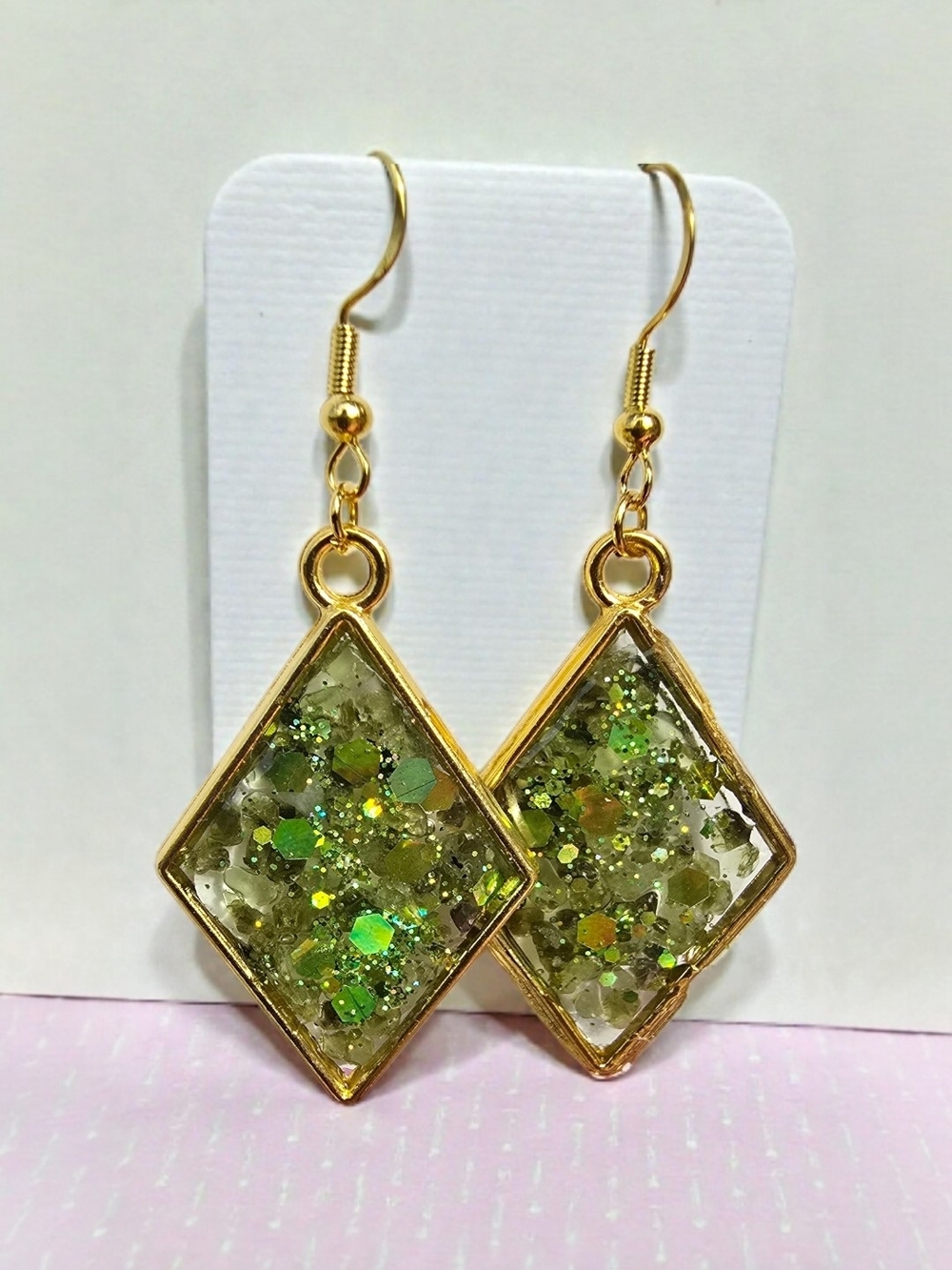 Peridot Crystal Gold-Frame Green Glitter Resin Dangle Earrings - Women Jewelry